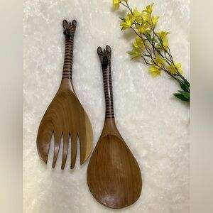 Wooden Zebra-Handled Salad Serving Set - Brown